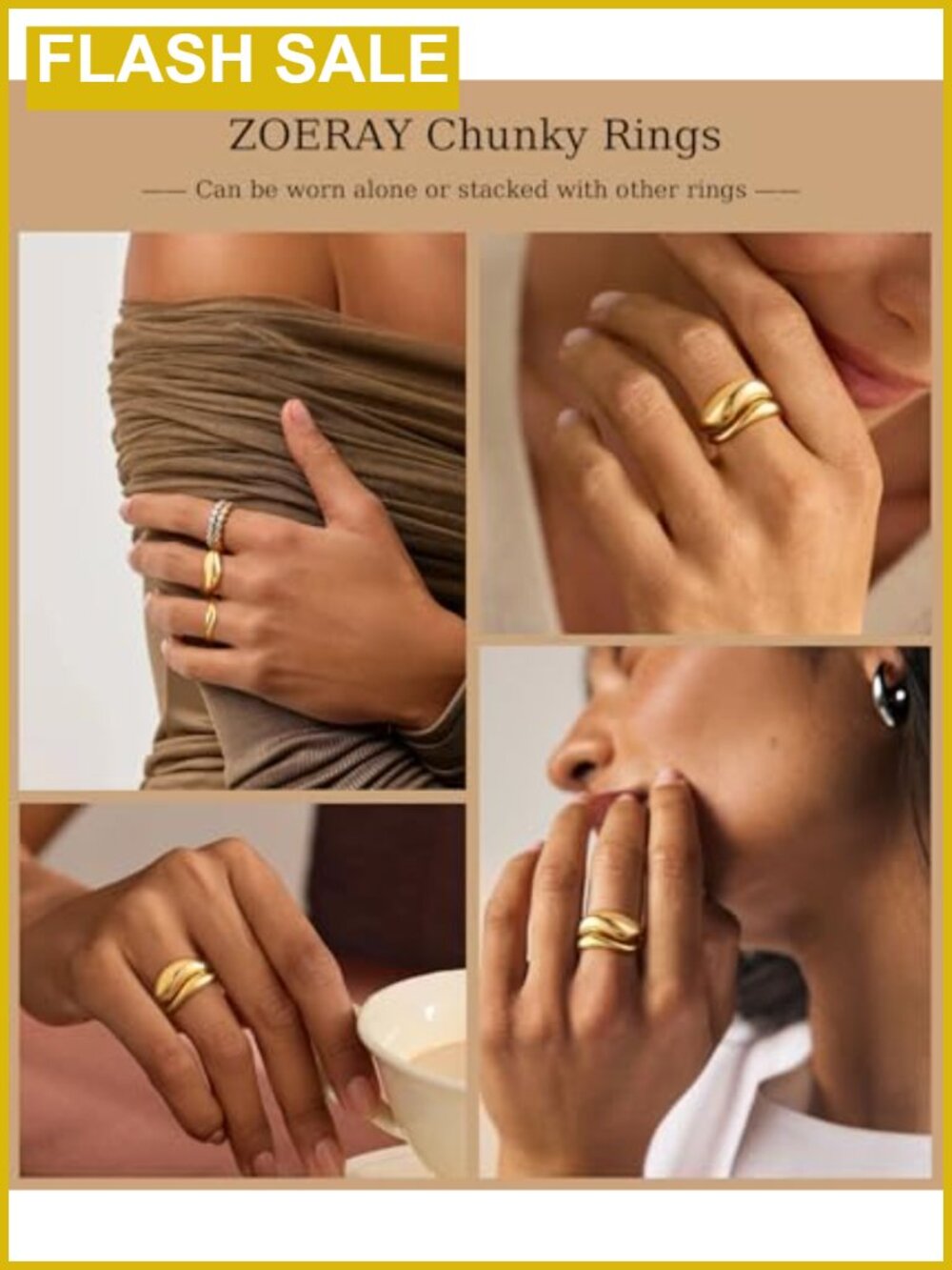 14K Gold Plated Stackable Rings Set Waterproof Brass Ring Set - Picture 5 of 6
